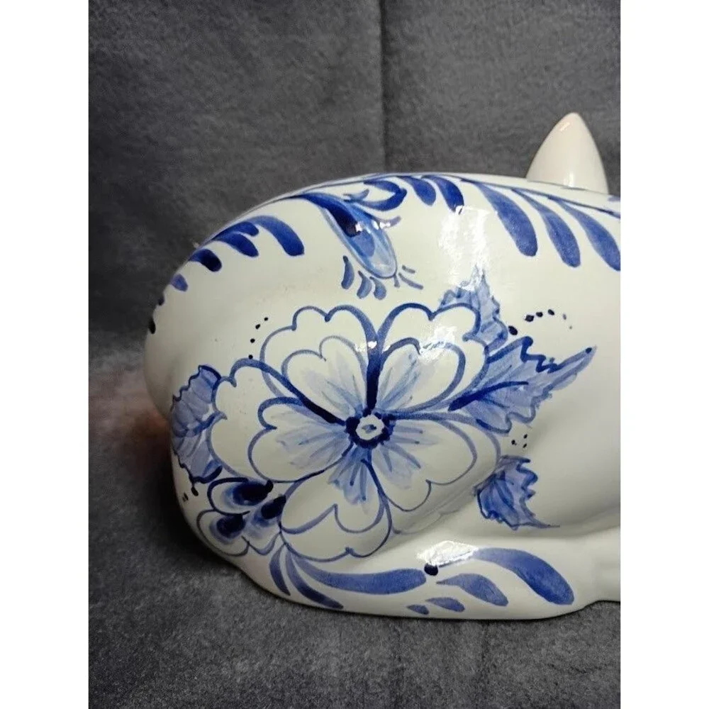Vintage Cobalt Blue & White Flowers Laying On side Hand-Painted Cat By Alice